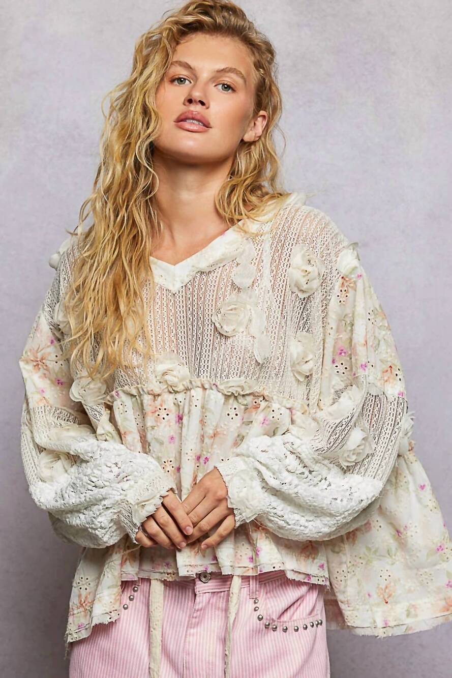 NEW POL v-neck balloon sleeve lace top in white/pink flowers
